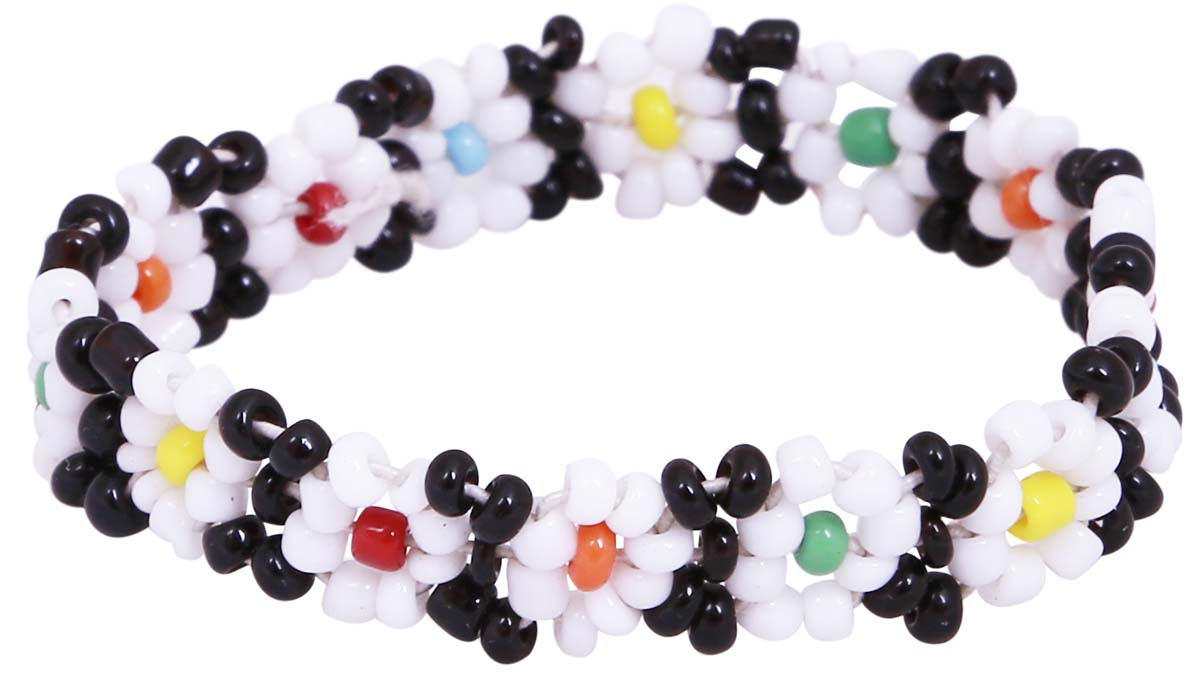 Hand Beaded Black & White Wrist Band/Bracelet in Bulk - Wholesale Wrist Band/Bracelet with Floral Patterns - Stylish Women Fashion Jewelry & Accessories